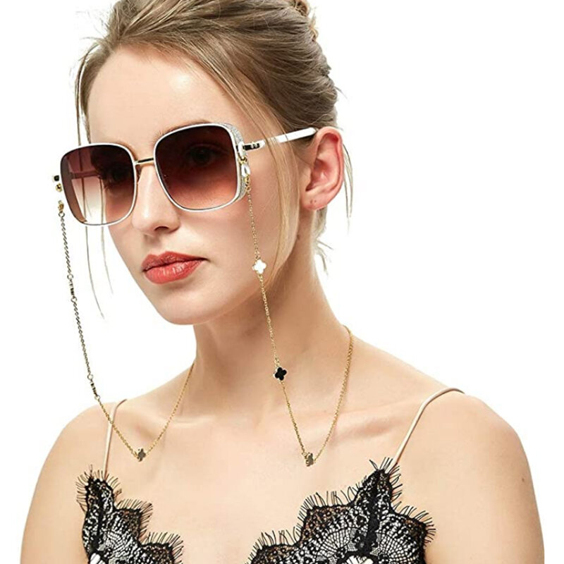 Corda suspensa para mulheres, corrente de óculos, porta-óculos, alça para óculos, máscara de quatro folhas, preto e branco, máscara de pescoço