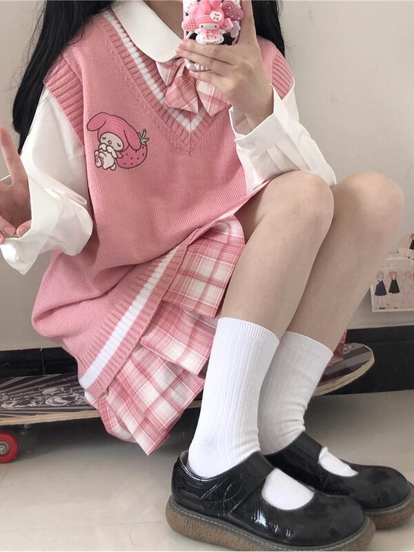 HOUZHOU Kawaii Pullover Weste Cartoon Weste Süße Nette Adrette Stil Frauen Pullover Mit V-ausschnitt Stickerei Japanischen Lolita Tops