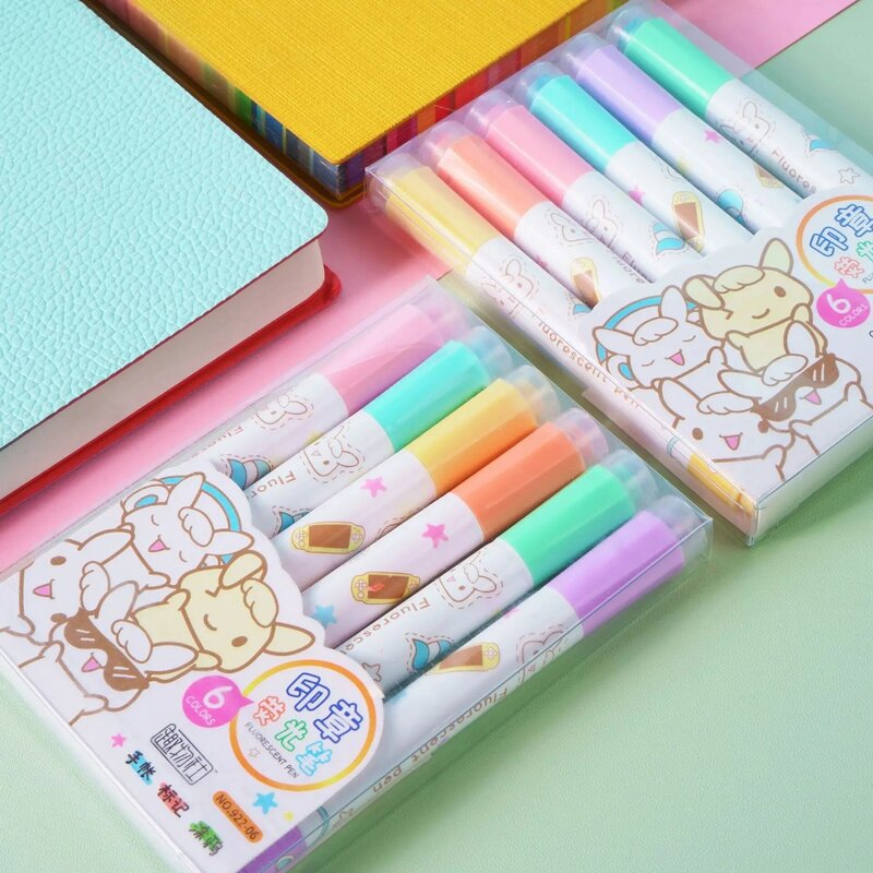 6 pçs/set kawaii carimbo highlighter bonito doces cores desenho pintura manga arte marcador caneta material escolar papelaria coreano