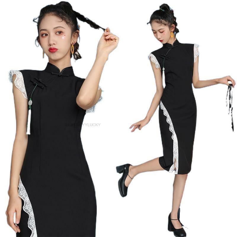 Китайская традиционная одежда, летнее повседневное кружевное чонсам, чонсам, черное сексуальное элегантное платье в китайском стиле для молодых девушек, Qipao