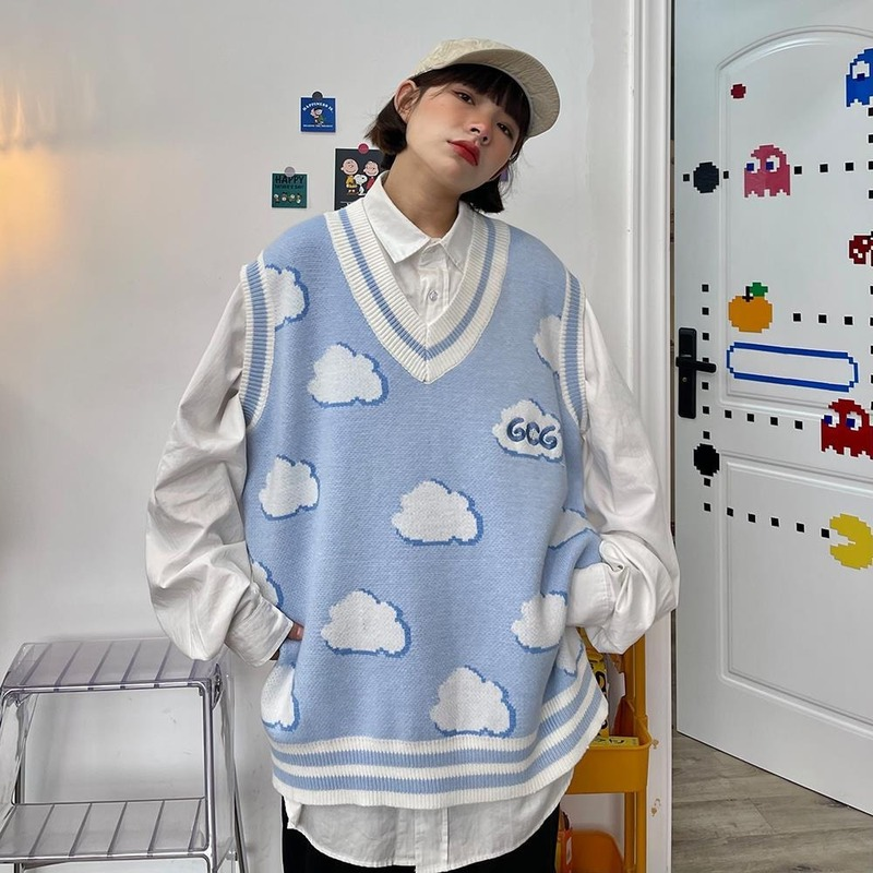 Deeptown Harajuku Kawaii Vest Sweater Clouds Print V-neck Tank Top Preppy Style Sleeveless Knit Blue Cute Clothes Autumn Winter