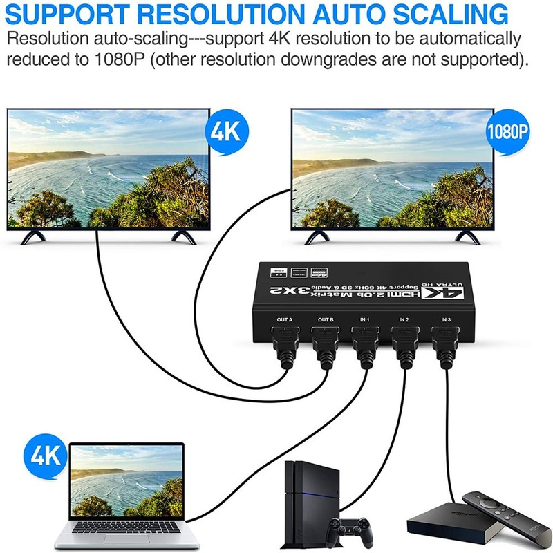 Répartiteur de commutateur matriciel 3x2 2021 avec SPDIF et L/R 3.5mm HDR commutateur compatible HDMI Support 4x2 HDCP 2.2 ARC 3D 4K @ 60Hz pour PS5