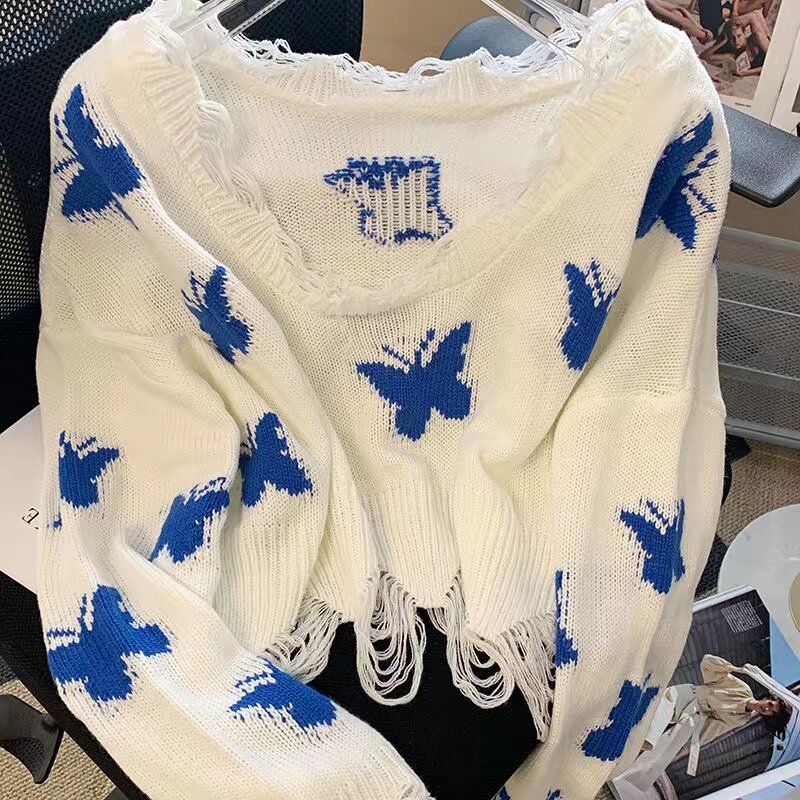 Y2K edycja Han leniwy letni nowy motyl z zawieszką sweter dzianinowy z odkrytymi ramionami w krótkim akapicie miękki i cienki