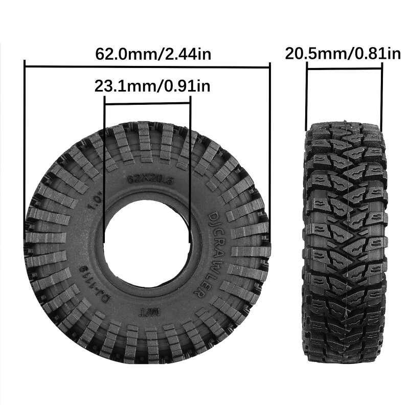 Dj-borracha lama pneus para carro, 1 polegada, mt, borracha butílica, 1/24, axial scx24 fms fcx24 rc crawler caminhão, atualizar acessórios peças, 4pcs