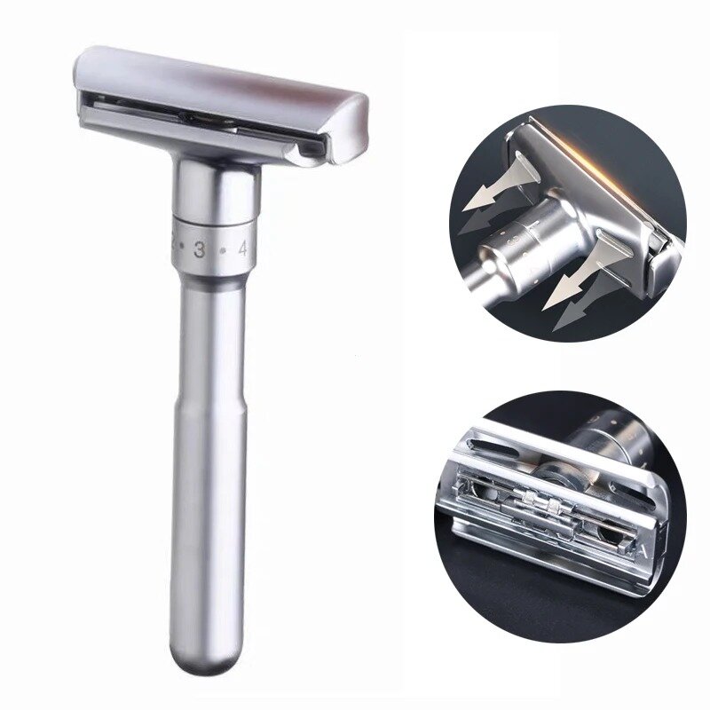 Adjustable Safety Razor Double Edge Classic Mens Shaving Mild to Aggressive 1-6 File Hair Removal Shaver it with 5 Blades