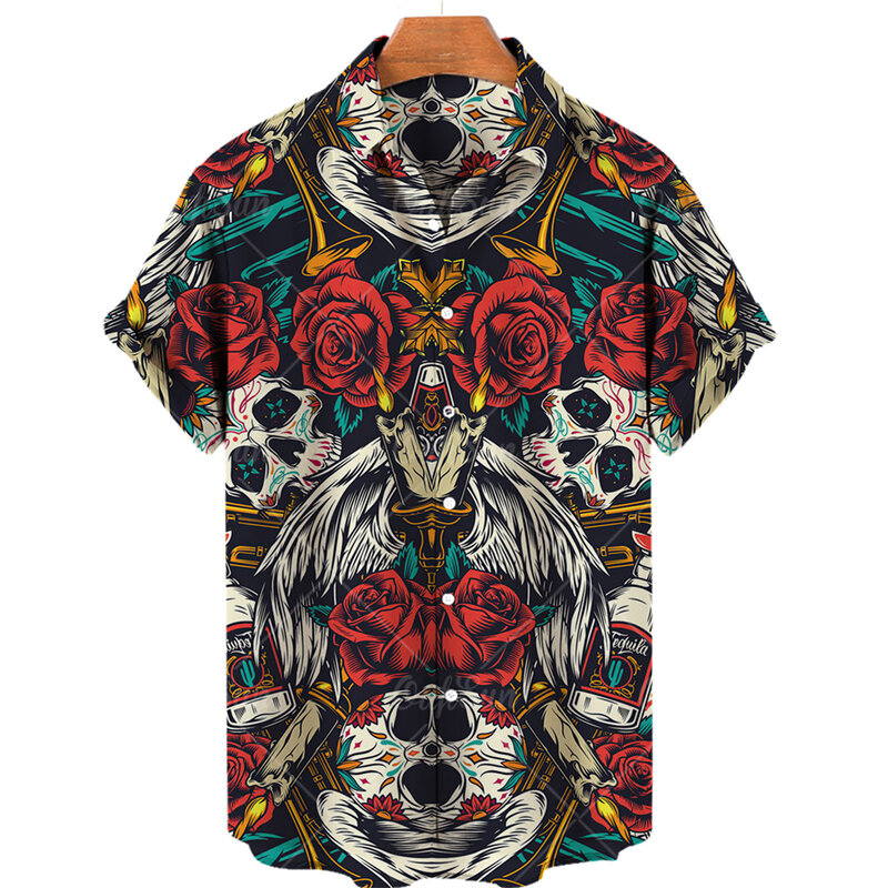 Гавайская рубашка для мужчин, цветная блуза оверсайз с 3D принтом черепа, на одной пуговице, с V-образным вырезом, Модный повседневный Топ, лет...
