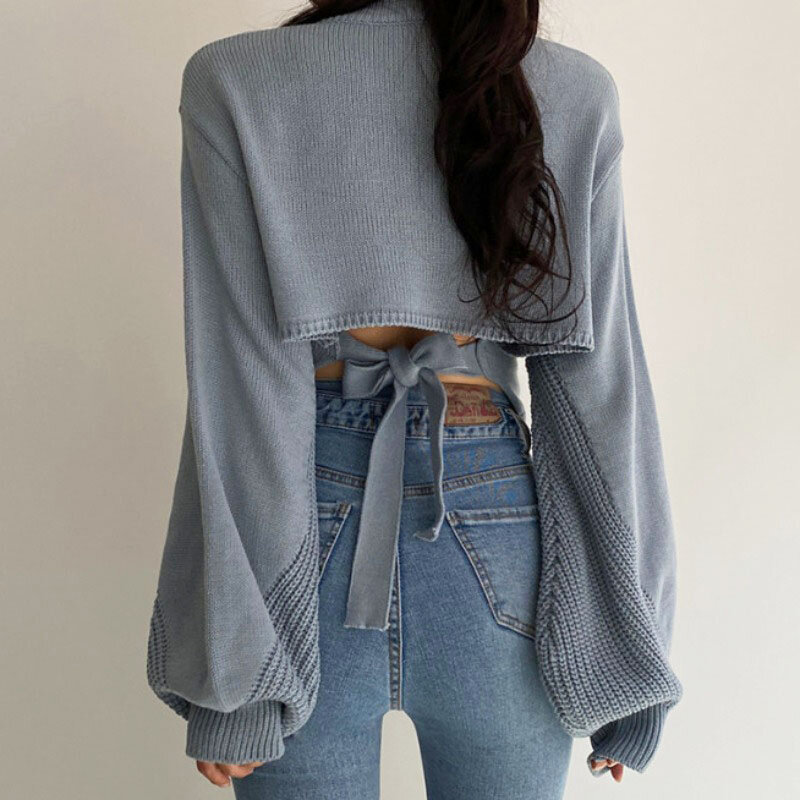 Women Vintage Blue Knitting Sweater V Neck Bow Dew Waist Long Sleeves Casual Korean Sexy Fashion Baggy Ladies Tops Autumn