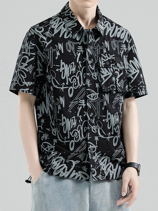 Summer Graphic Pockets Cargo Shirts Men Short Sleeve Drop Shoulder Harajuku Oversized Shirt Male Casual Baggy Polyester Tops 8XL
