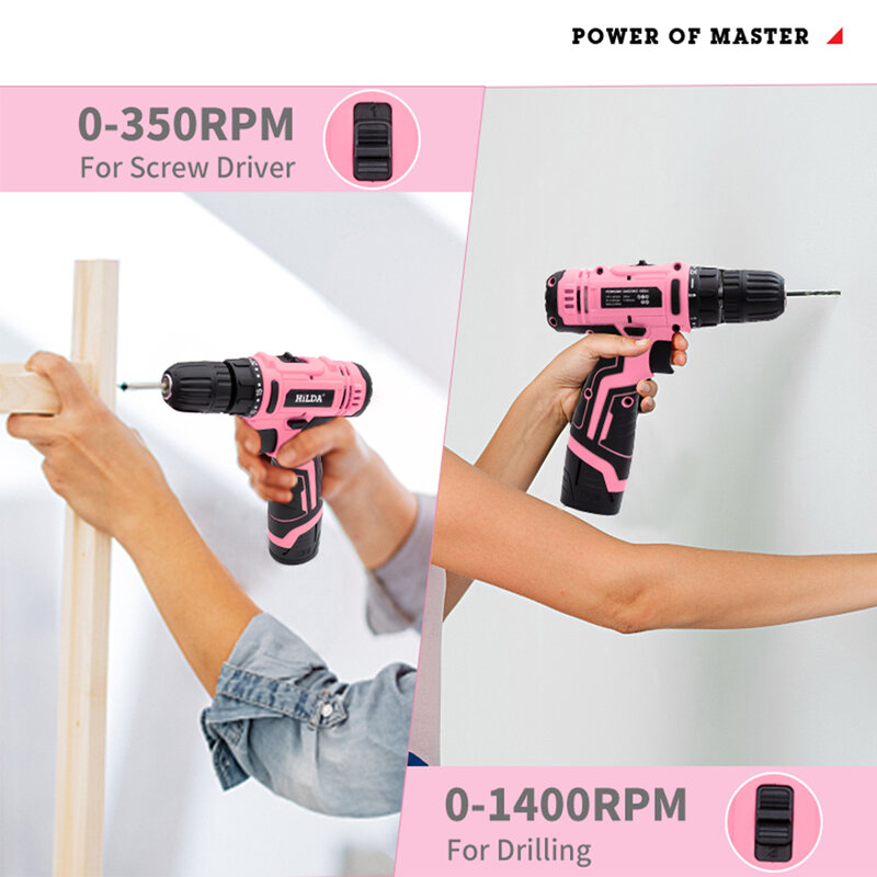14Piece Pink Cordless 12V Lithium-ion Drill Driver Set House Repairing Tool With Storage Bag Home Maintenance Tool Kit