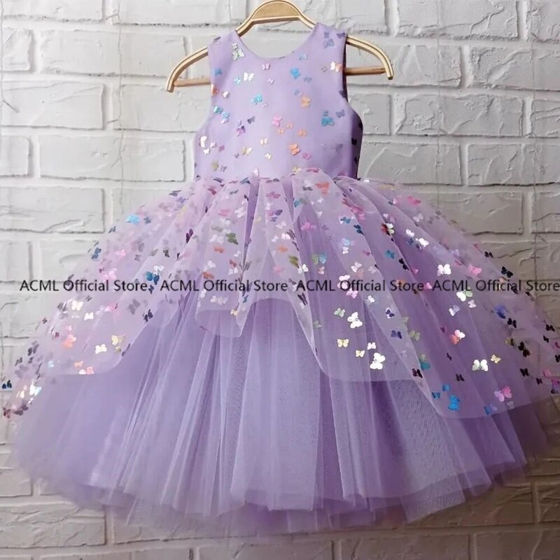 ACML Girls Ball Gown Purple with Bow A-Line Sleeveless Prom Gowns New Arrived Real Picture Summer Baby Birthday Dress Fille Robe