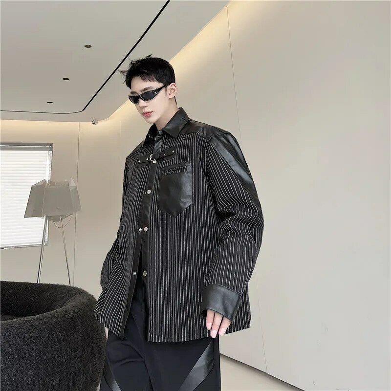 Camisas masculinas chiques original designer remendo material plutônio manga longa camisa casaco fina queda oversize topo japão estilo escuro roupas masculinas