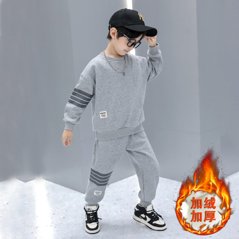 Boys Sweater Suit Middle Children Sweater Sweater Pants 2-Piece Set  Casual Thickening and Fleece Sports Student Wear
