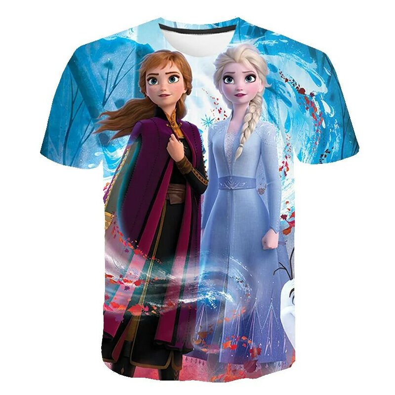 Camiseta gráfica das meninas dos desenhos animados, roupas infantis, trajes de Elsa e Anna, Frozen 2