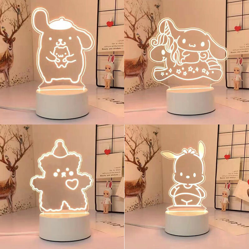 Sanrio Cinnamonroll 3D lampu malam meja Hello Kitty lampu ilusi optik Kuromi Pochacco Kawaii lampu dekorasi rumah