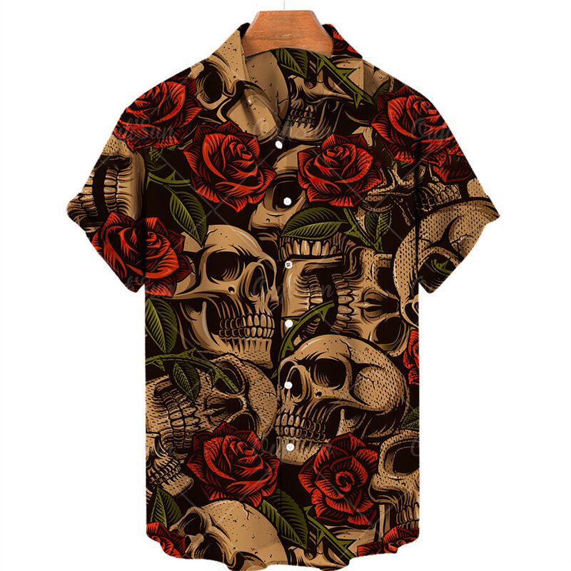 الأكثر مبيعا الرجال قصيرة الأكمام هاواي قميص ثلاثية الأبعاد الرقمية الجمجمة طباعة قميص