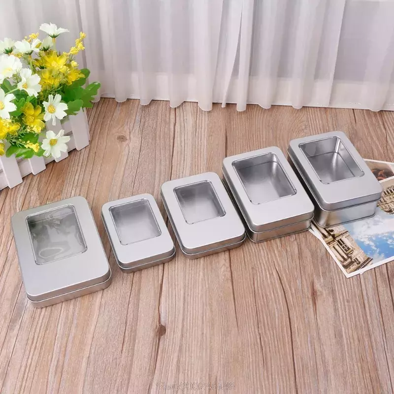 Rectangular Tin Silver Storage Box Case Organizer with Half Clear Window Lid S08 20 Dropship