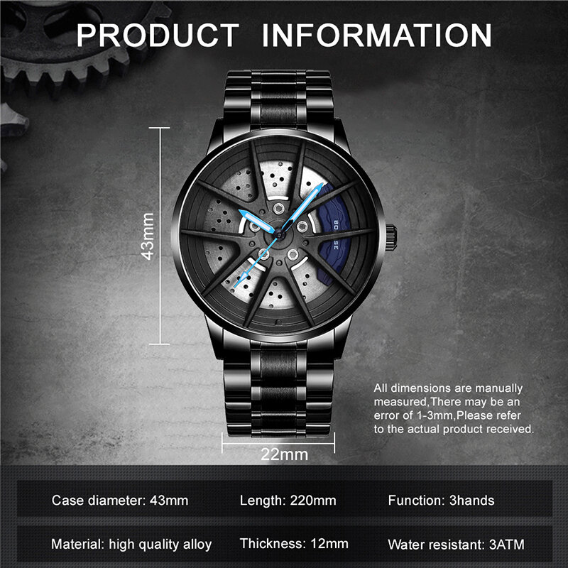 2022 moda masculino roda de carro relógios luxo aço inoxidável relógio à prova dwaterproof água para esportes masculinos casual quartzo relógio pulso reloj hombre