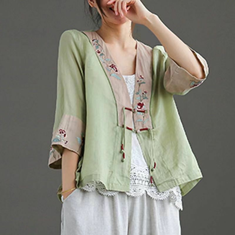 Traditional Chinese Clothing for Women Half Sleeves Embroidered Thin Cardigan Women's Summer New Buckle Loose Shirt V-neck Top