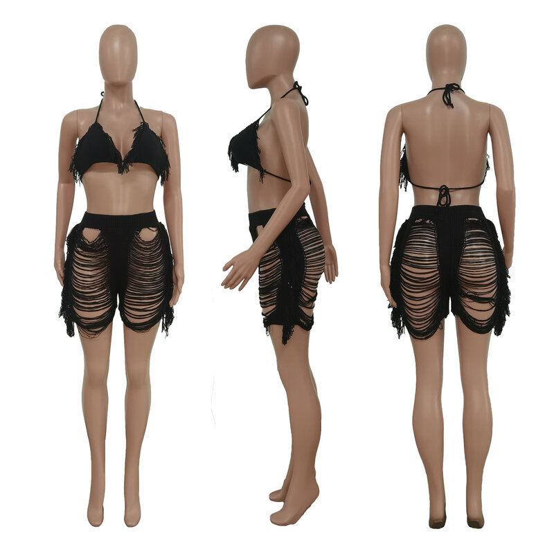 Tassel Knitted Bikini Set Cover-ups Solid Fishnet Off Shoulder Crop Top Hollow Out Short 2022 Summer Beach Wear 2 Pieces Set