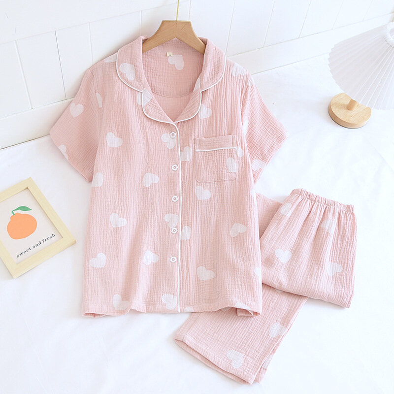 Pajamas Women's Thin Section Washed Cotton Gauze Crepe Sleepwear Set Ladies Sweet Cute Short-sleeved Trousers Home Service Suit