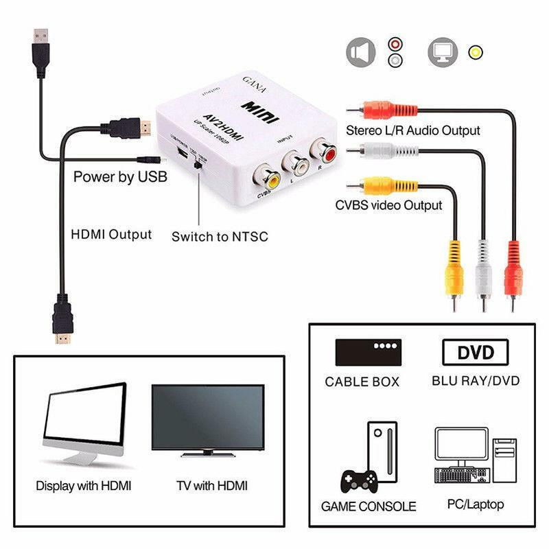 Adaptador convertidor compatible con 1080P RCA AV a HDMI, compuesto para proyector Nintendo NES SNES PS1 SEGA DVD Xbox TV con Cable USB
