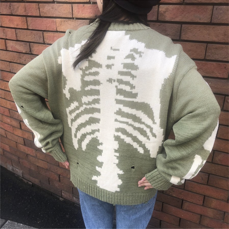 Męskie Hip Hop sweter szkielet kości drukowanie ponadgabarytowych kobieta wysokiej jakości Streetwear obrażenia dziura Vintage Punk 1:1 dziergany sweter
