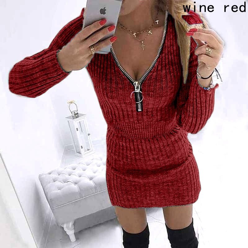Women Fashion  Autumn and Winter Warm Casual Long Sleeve Package Hip Party Dress Ladies Pullover Mini Slim Fit Knitted Dress