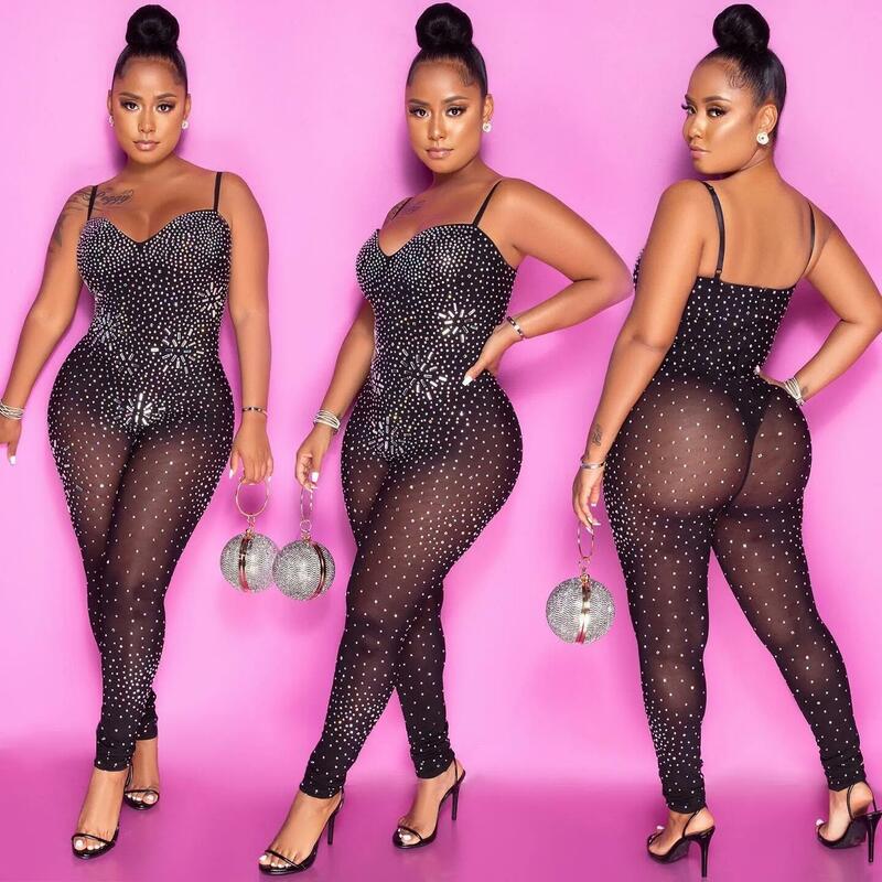 Wishyear 2022 Sexy Crystal Black Sheer Mesh Jumpsuit Women Birthday Party Night Club See Through Outfits for Dropshipping