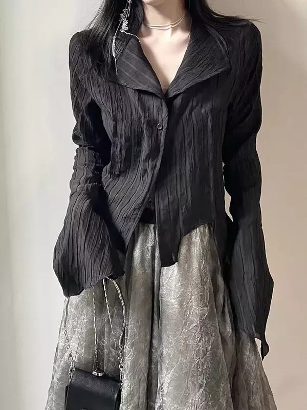 Женская блузка асимметричного дизайна, черная рубашка в стиле ретро, летняя блузка в японском стиле