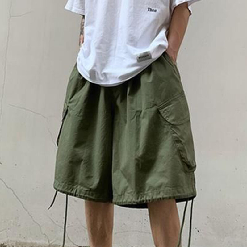 Mens Trendy Large Pocket Design Cargo Shorts Retro Straight High Street Hip-Hop Sports Trend Loose Casual Wide-Leg Cropped Pants