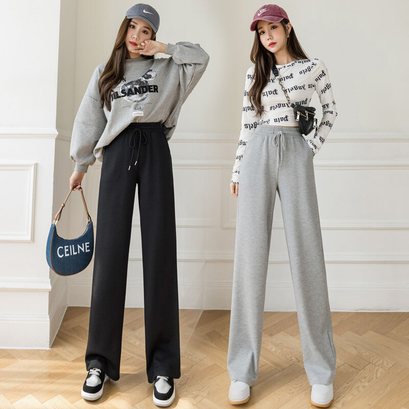 Spring and autumn draw rope sports pants elastic high waist loose straight wide leg casual everything wide leg pants