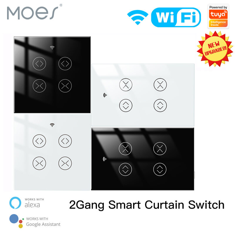 MOES-Tuya 스마트 라이프 와이파이 2 갱 더블 커튼 블라인드 스위치, 롤러 셔터 전기 모터 구글 홈 알렉사 음성