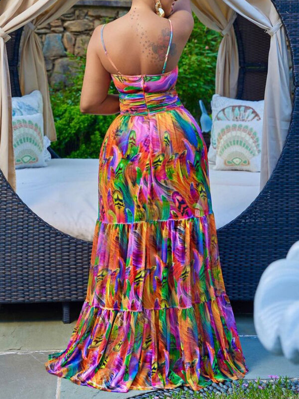 Elegant Sling Plus Size Dress Sexy Printing Fashion Backless Boho Beach Mixi Dress Robe Femme Ete Leisure Vacation Vestidos
