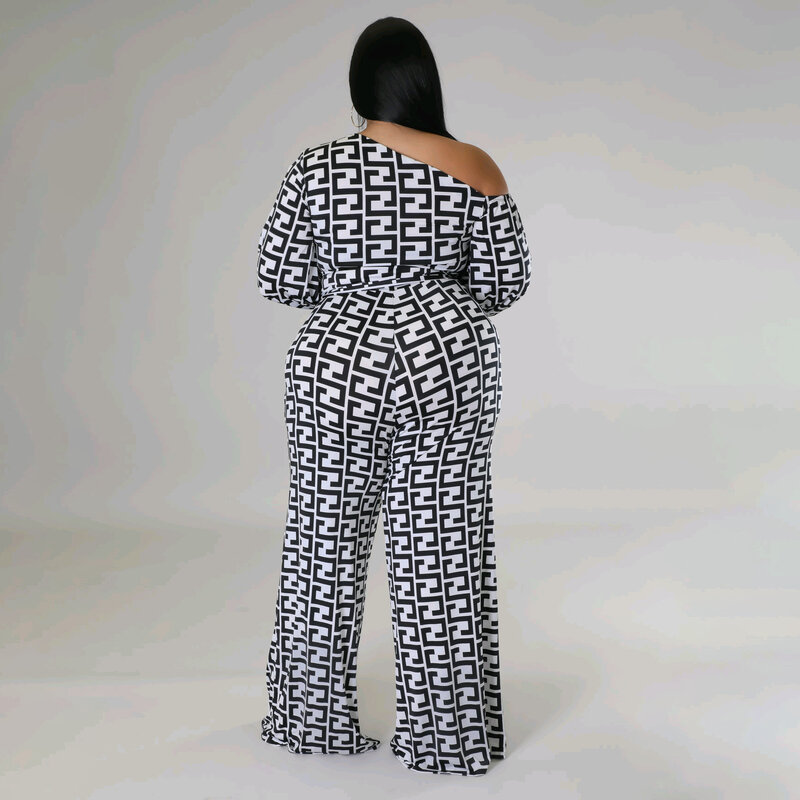 Cutubly-여성용 롬퍼 오버올 긴 소매 오프숄더 점프수트, 섹시한 프린트 와이드 레그 점프수트 의류 가을 2022 패션