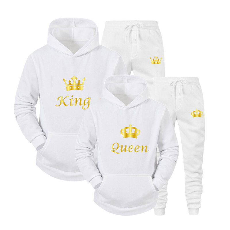 New King Queen Print Casual Hoodies Set Sweatshirt Fashion Couples Hooded Pullover Suits Autumn and Winter Man Women Sportswear