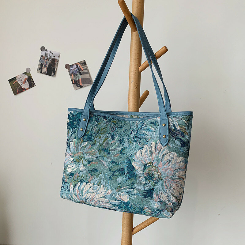 European style, oil painting pattern, lady, Handbag, plant flower pattern, single shoulder bag, high class, girl, canvas bag