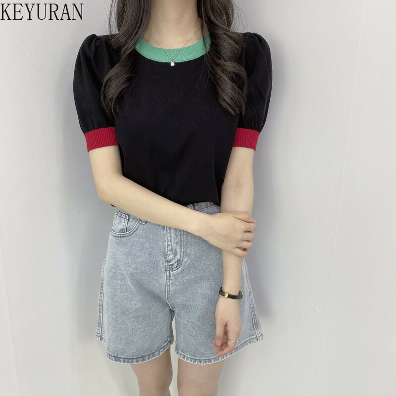 Sommer Hit Farbe Puff Kurzarm Pullover Frauen 2022 Neue Koreanische Chic O Hals Dünne Beiläufige Dünne T Shirts Gestrickte top Pull Femme