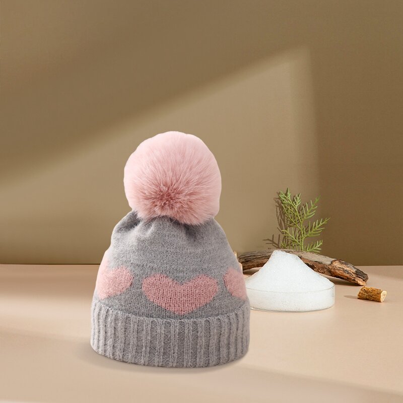 Cappello a cuffia per neonate cappello caldo invernale lavorato a maglia con pompon in peluche con motivo a cuore per berretto per bambini appena nati