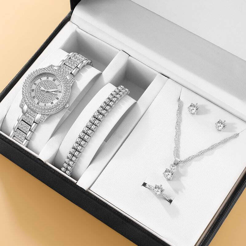 Luksusowy damski srebrny pasek stalowy zegarek zestaw diamentów kwarcowy elegancki zegarek dwuwarstwowa bransoletka naszyjnik kolczyk zestaw pierścieni [No Box]