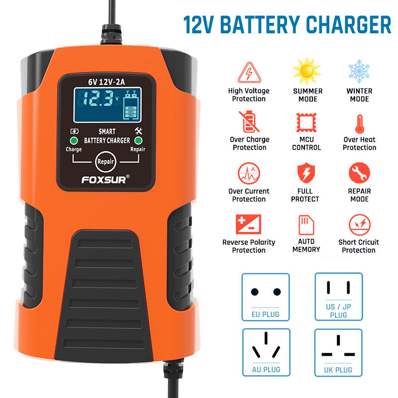FOXSUR Automatic Battery Charger 6V/12V 2A for Cars Motorcycle Lawn Mower Tractor Jetski Lead-Acid Gel AGM Repair Desulfator