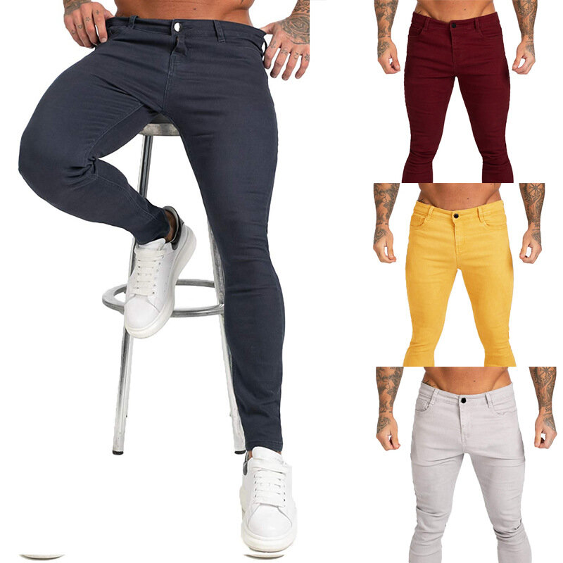 2022 new solid color men's denim trousers Ouma four seasons simple slim low-rise ripped feet pants men
