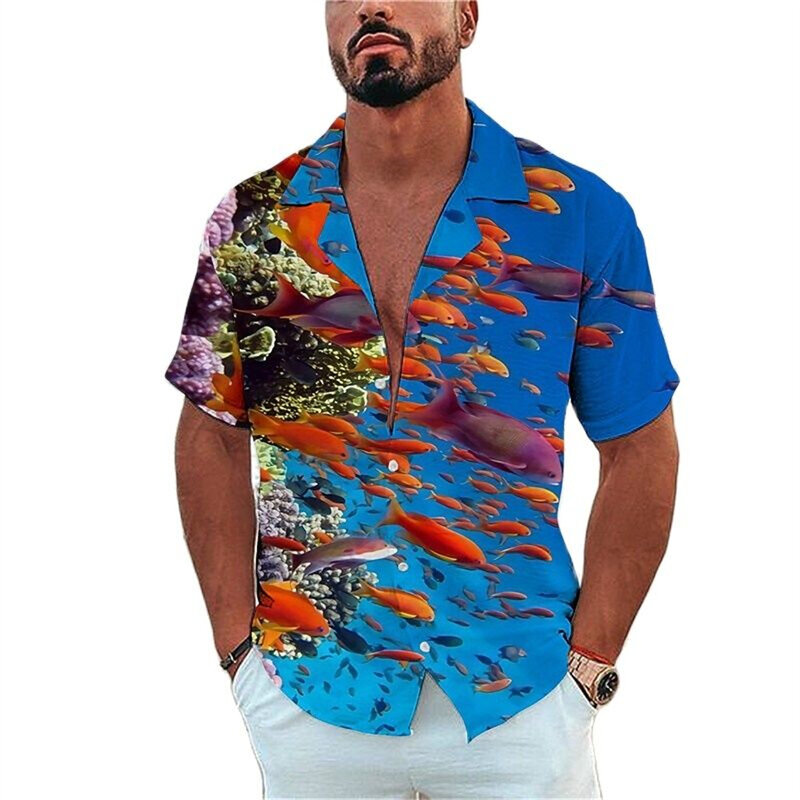 남성용 라펠 싱글 브레스트 셔츠, 레저 반팔 상의, 해양 생물 프린팅 티, 해변 휴가 스타일, 하와이 셔츠, 패션