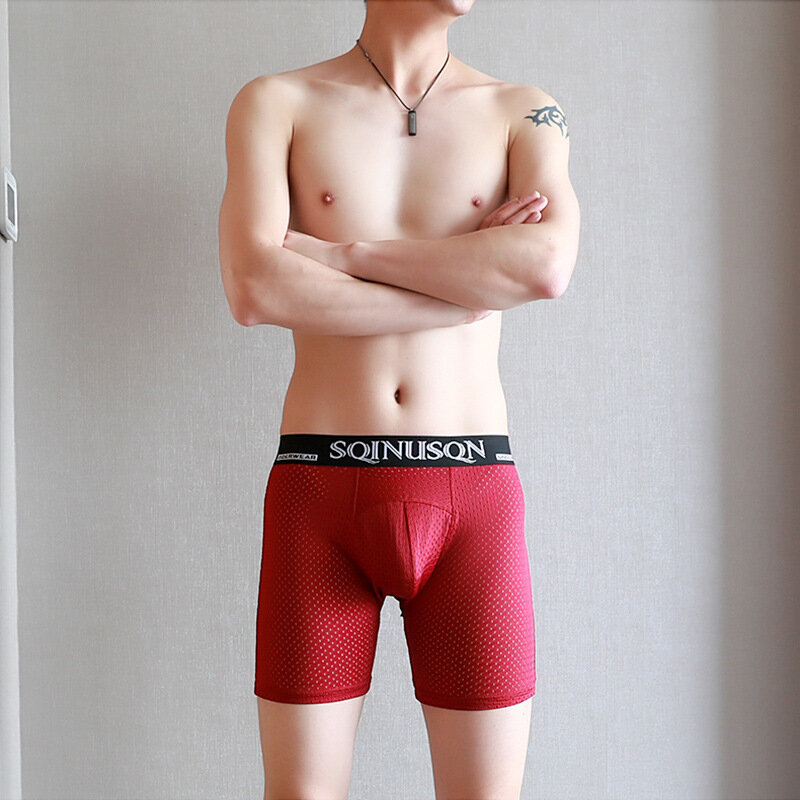 Esporte masculino longo perna respirável malha de seda gelo nova marca boxer roupa interior