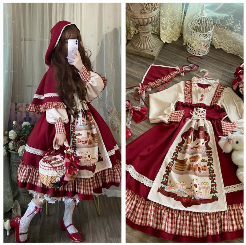 Stroje imprezowe dla kobiet świąteczna sukienka Lolita czerwona peleryna dziewczyny Op z długim rękawem Party Cartoon słodka, nowa sukienka świąteczna