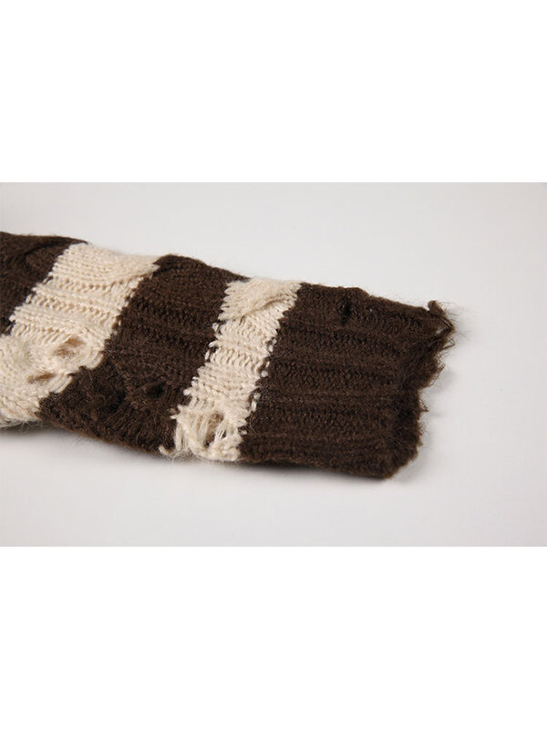 Женский полосатый вязаный пуловер, черный и коричневый свободный джемпер средней длины в готическом стиле, осень 2022