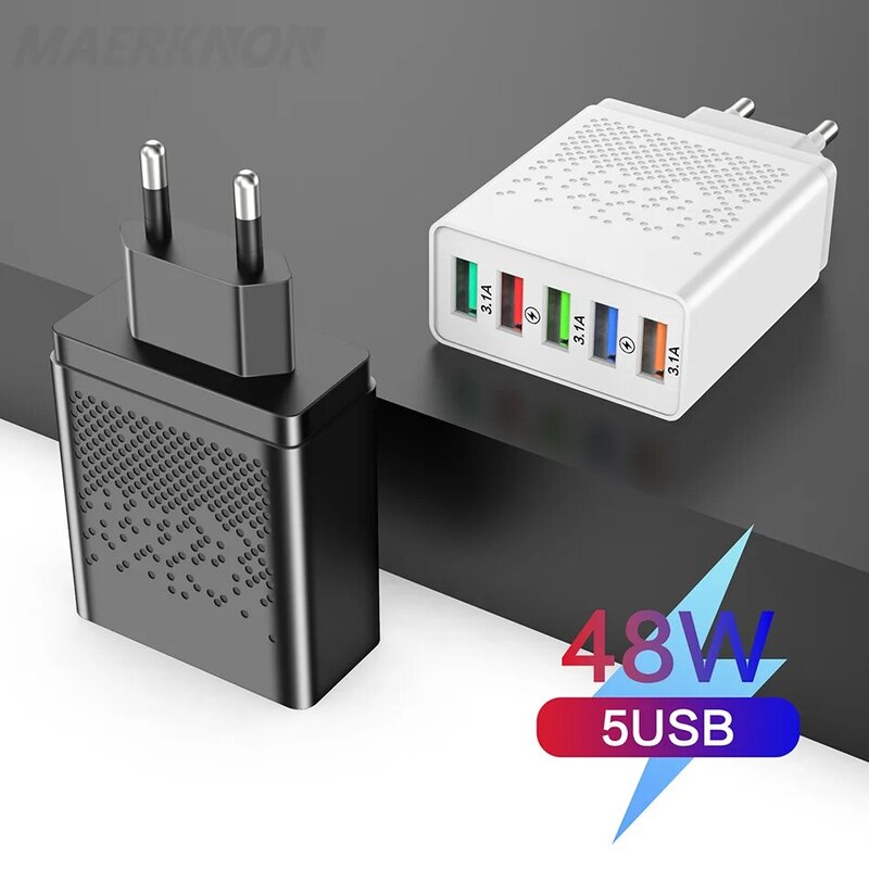 48W USB Charger Fast Wall Charger Quick Charge 3.0 untuk iPhone 13 12 Samsung Xiaomi Mobile Phone 5 Port EU US Plug Adapter Travel