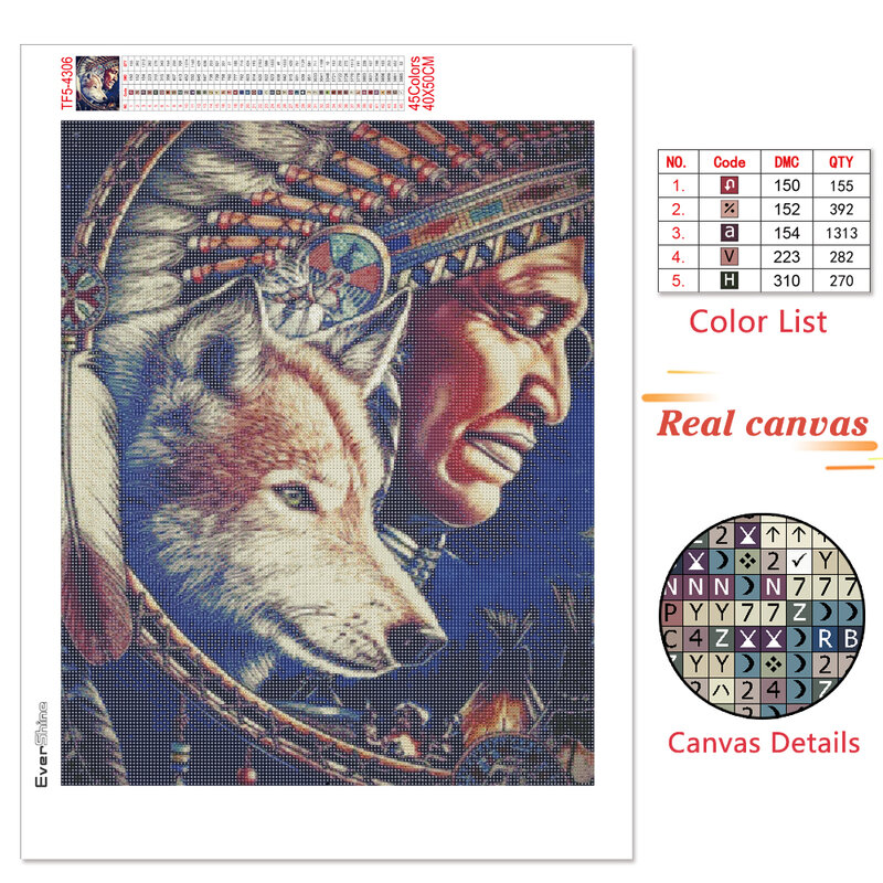 Evershine-Cuadro de indios bordado con diamantes, mosaico completo de Lobo, 5D, decoración del hogar, novedad
