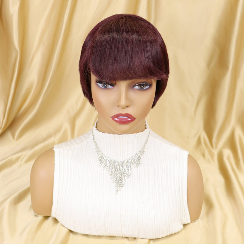 Wig Rambut Manusia Lurus Bob Pendek Warna Alami dengan Poni Rambut Virgin Brasil Wig Potongan Pixie Wig Rambut Manusia Murah untuk Wanita Kulit Hitam