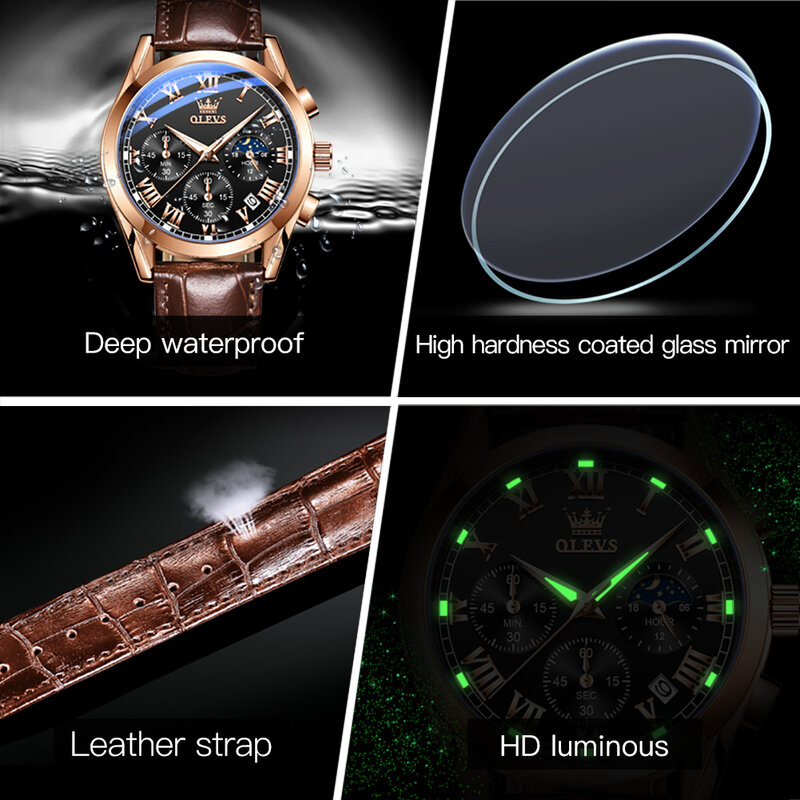 Olevs-多機能メンズウォッチ,腕時計,3つの目,ファッショナブル,防水クォーツ,アルミニウム,発光