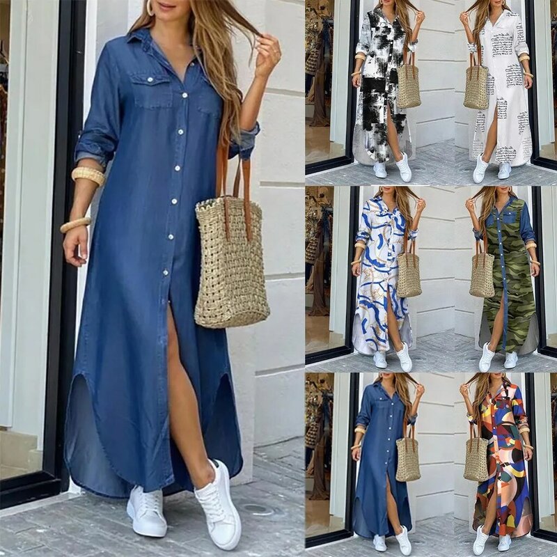 Женское джинсовое платье-рубашка с карманами, Длинное свободное Повседневное платье с принтом на пуговицах, осень 2023
